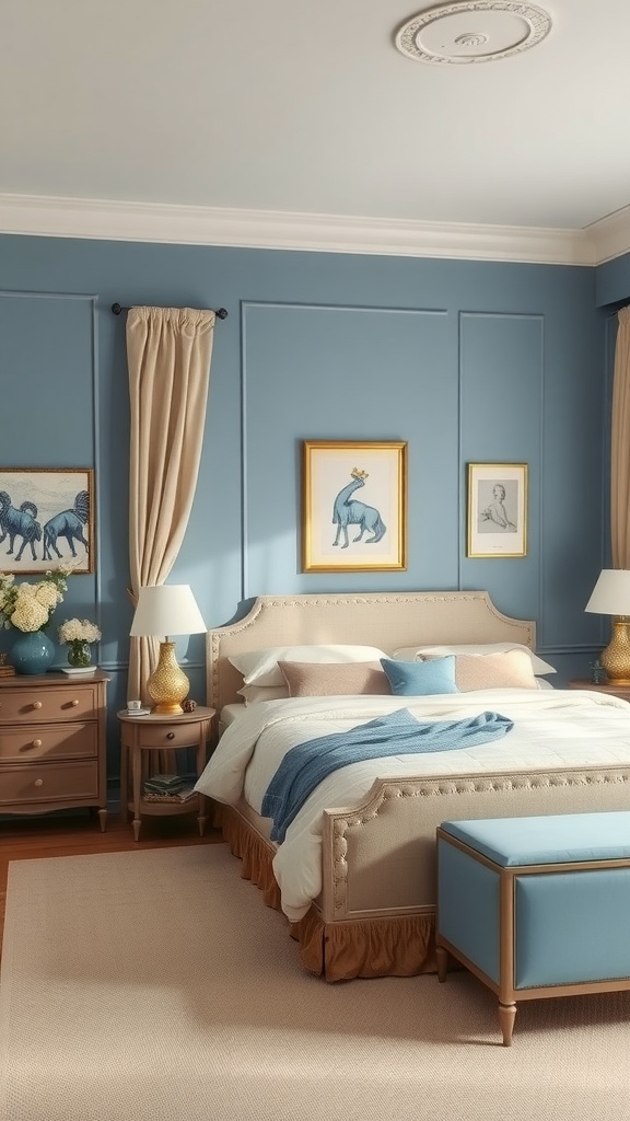 A cozy blue and beige bedroom design featuring blue walls, a beige bed, and decorative accents.