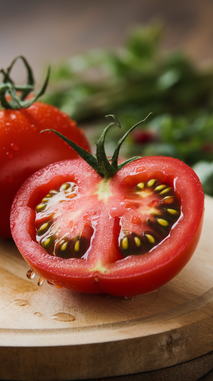Close-up of a sliced tomato revealing its juicy interior and seeds.