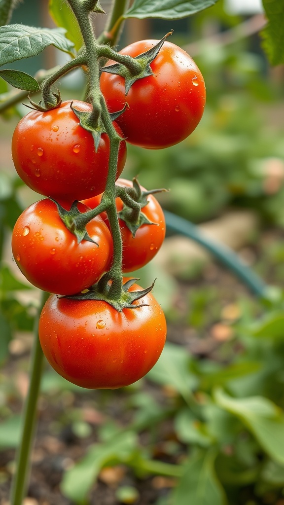 Fresh tomatoes on a vine with water droplets in a garden