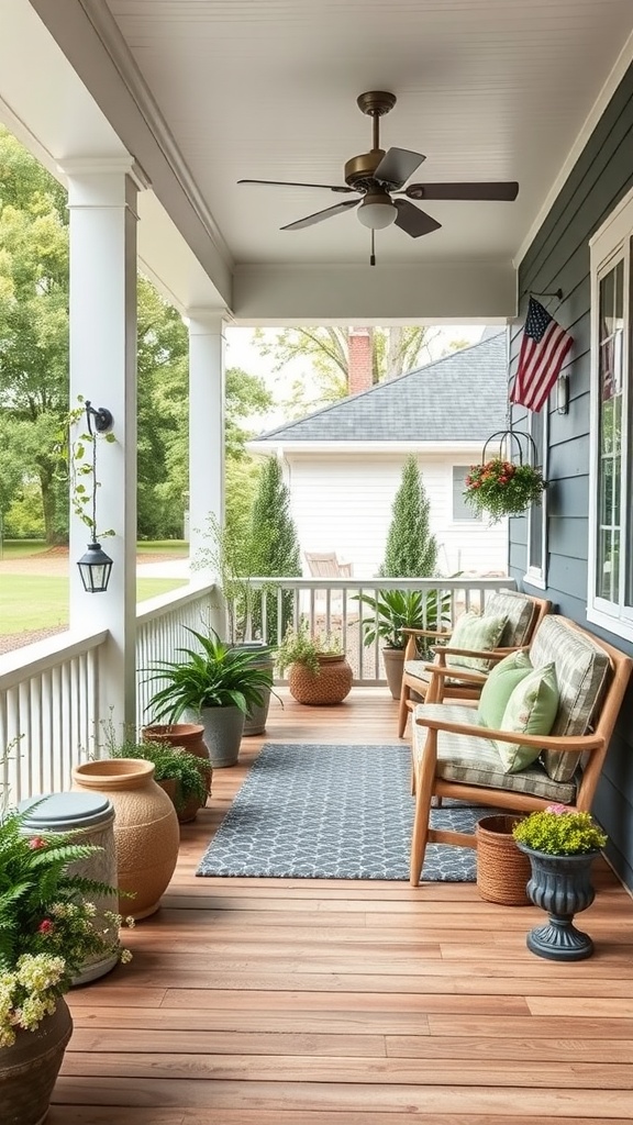 A modern farmhouse back porch featuring wooden flooring, cozy seating, potted plants, and decorative elements.