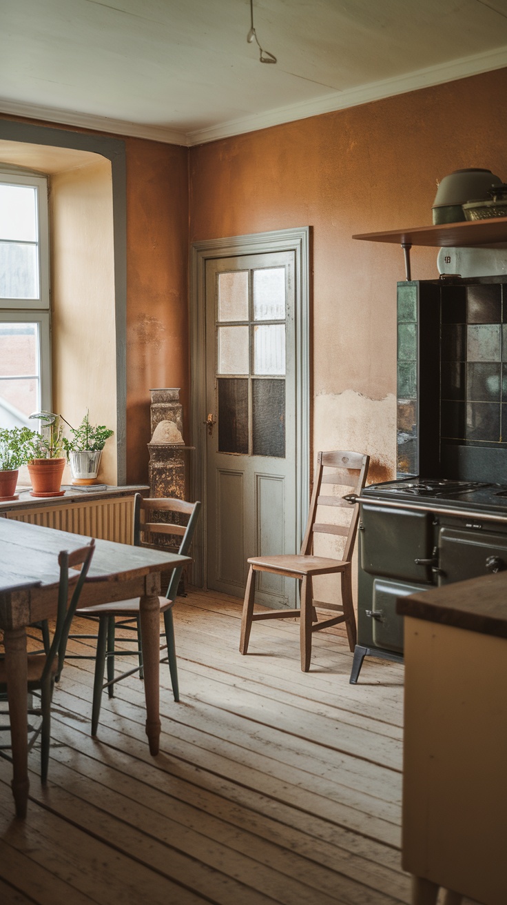 Cozy farmhouse kitchen with rustic wood plank flooring and vintage decor