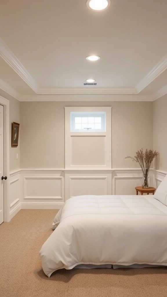 A minimalist farmhouse basement bedroom with neutral tones and elegant details.