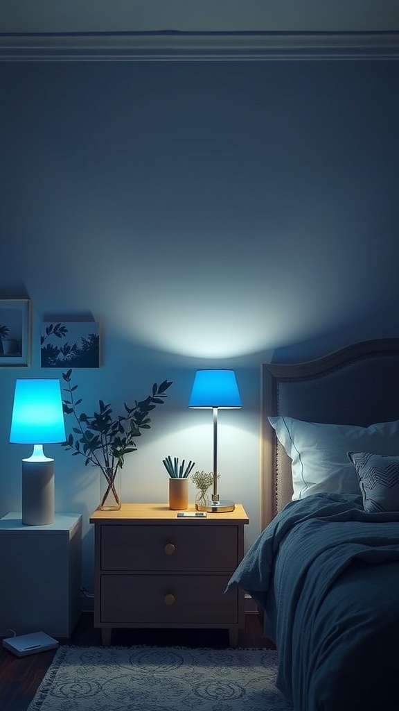 A cozy bedroom setting featuring two blue floor lamps illuminating a nightstand with plants and decor.
