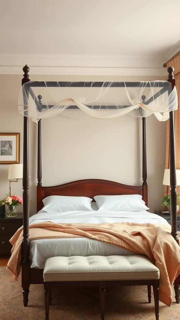 A calm and inviting boho bedroom featuring a canopy bed with soft bedding and warm colors.