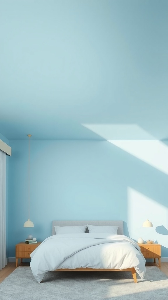 A bedroom with a sky blue ceiling, light wood furniture, and soft white bedding.