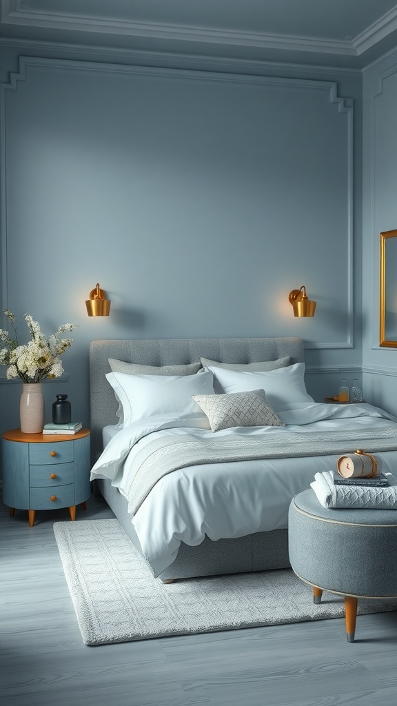 A serene blue and gold bedroom with a cozy bed, stylish nightstand, and soft lighting.