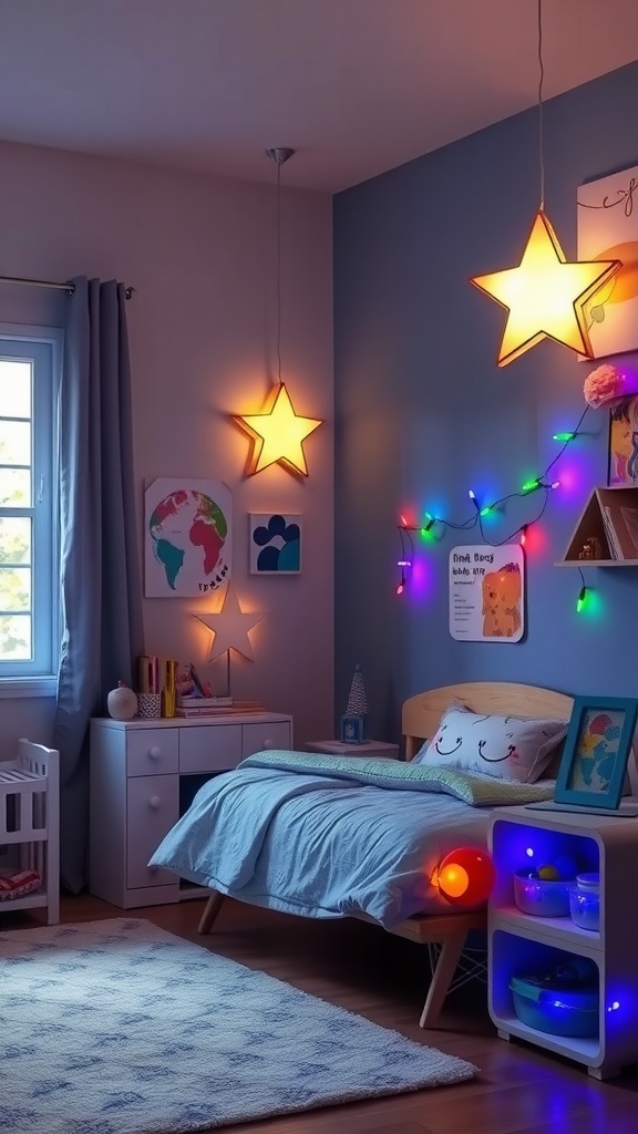 A boy's bedroom featuring star-shaped pendant lights and colorful string lights, creating a playful and cozy atmosphere.