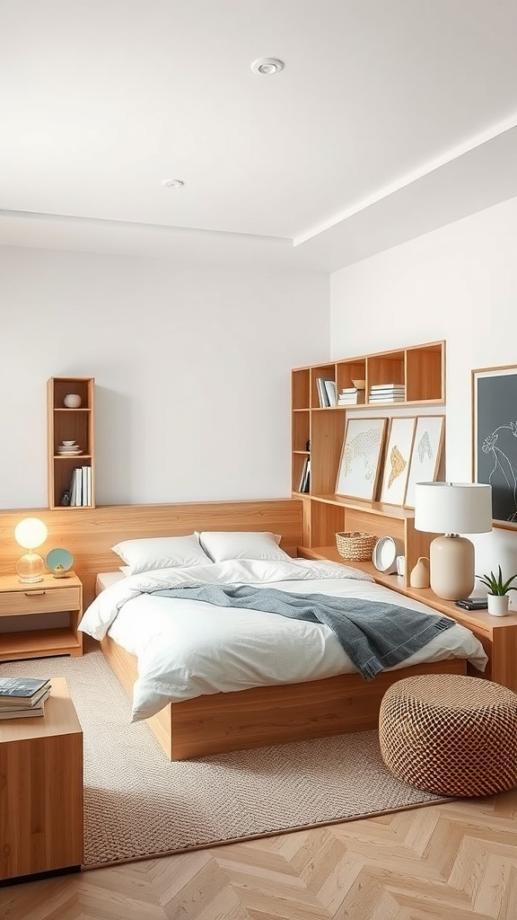 A modern teenager bedroom featuring modular furniture, light wood tones, and a cozy atmosphere.