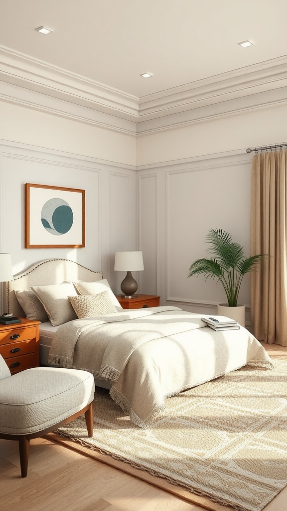 A cozy beige bedroom with a modern aesthetic featuring a plush bed, warm wooden furniture, and a potted plant.