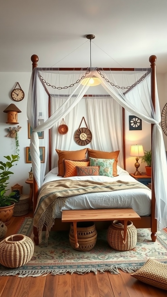 A serene boho bedroom featuring a canopy bed, decorated with travel-inspired decor, including woven baskets and colorful textiles.