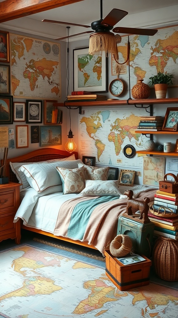 A travel-themed bedroom with maps on the walls, a cozy bed, and rustic decor.