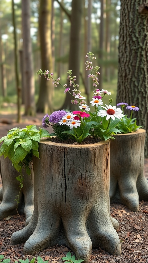Tree stump planters filled with colorful flowers in a forest setting.