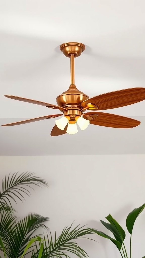 Tropical ceiling fan with wooden blades and light fixtures, enhancing a Boho Jungle themed bedroom