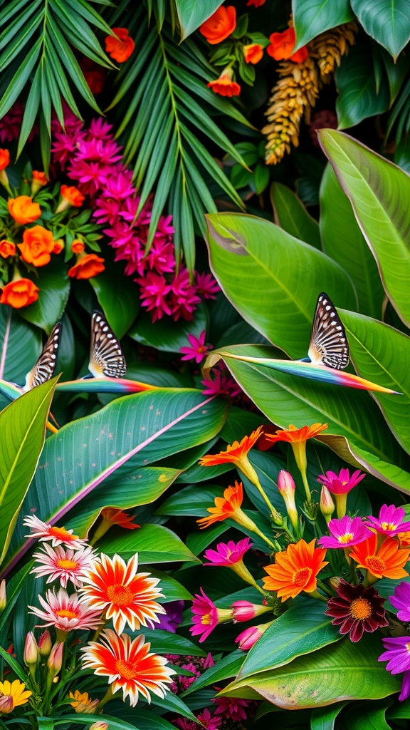 A vibrant display of tropical foliage and colorful flowers, featuring butterflies among lush leaves.