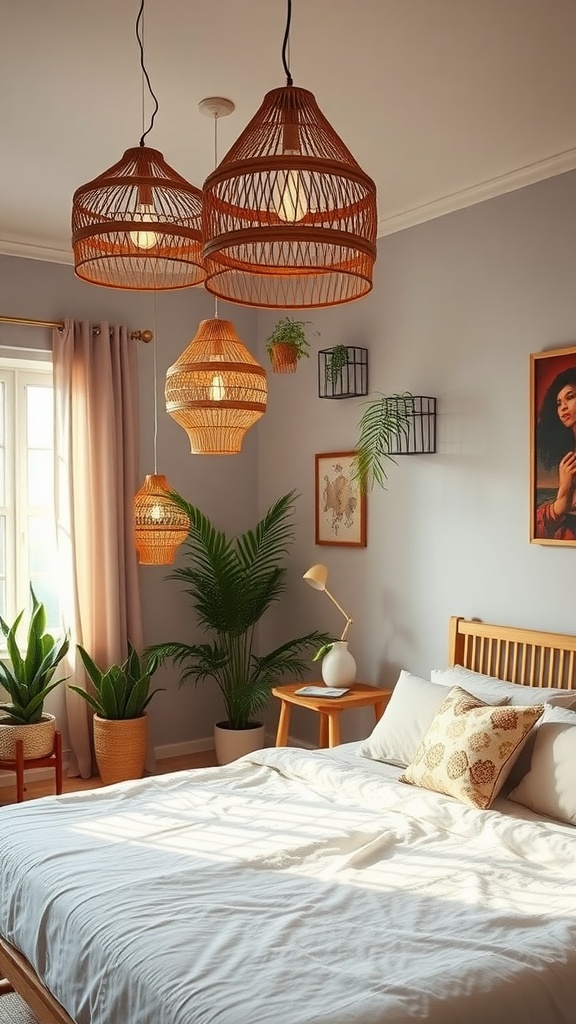 A cozy bedroom featuring tropical inspired bamboo light fixtures and green plants.