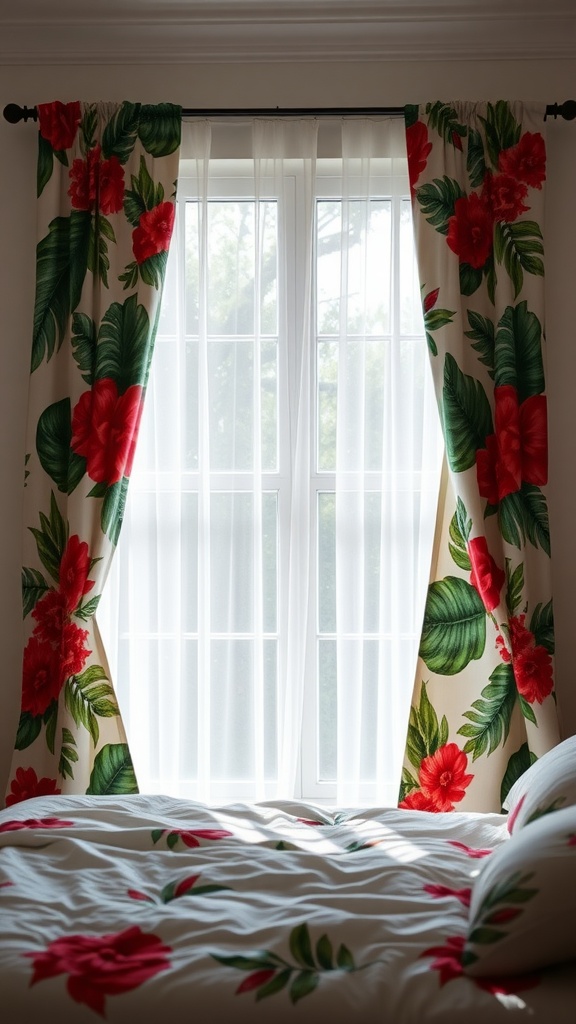 Tropical-inspired curtains featuring red flowers and green leaves in a bedroom setting.