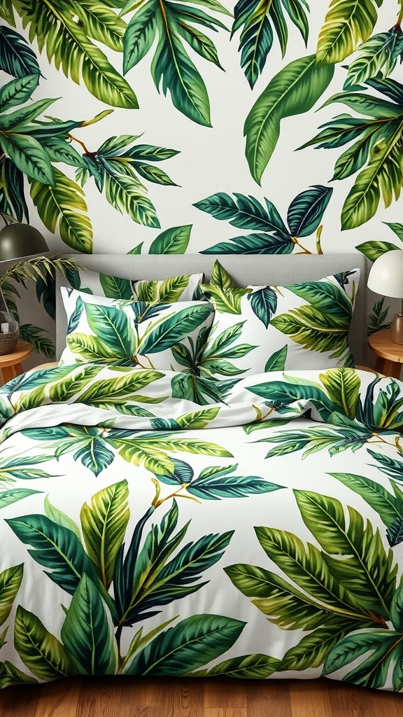 A cozy bedroom featuring tropical leaf patterns on the walls and bedding, creating a lush and vibrant atmosphere.