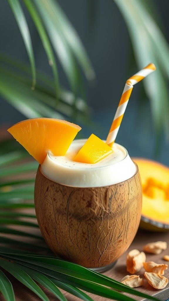 A refreshing tropical mango coconut smoothie in a coconut shell with a straw, garnished with mango slices.