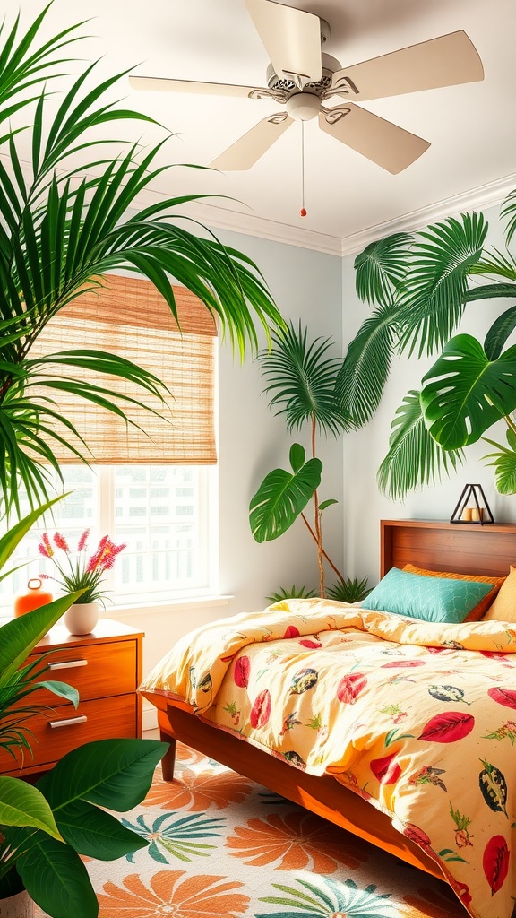 A cozy tropical-themed bedroom with leafy plants, bright bedding, and natural light.
