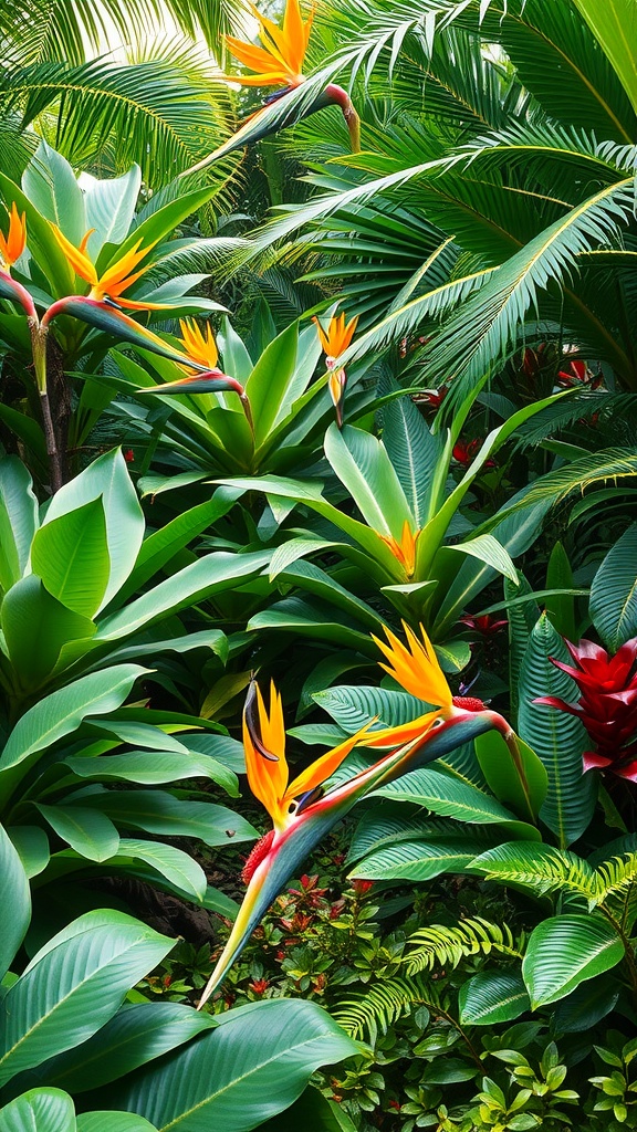 A vibrant tropical garden filled with lush green leaves and bright Bird of Paradise flowers.
