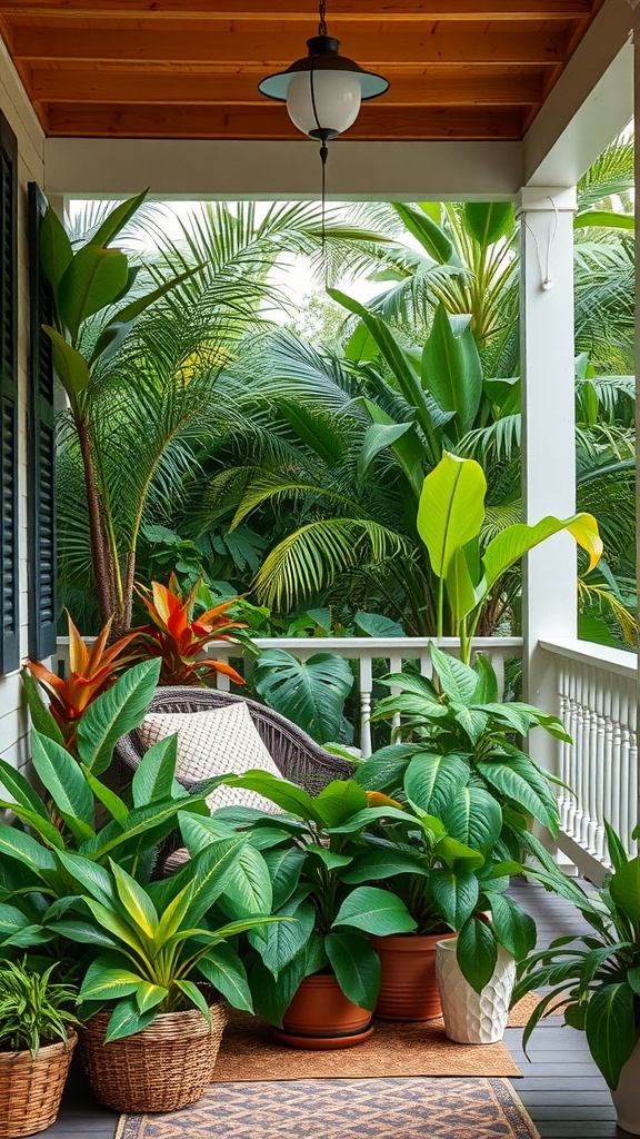 A boho back porch with various tropical plants and a cozy seating area.