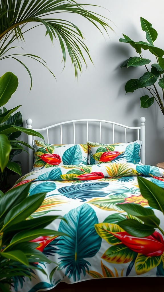 A vibrant tropical print bedding set on a white bed frame surrounded by lush green plants.