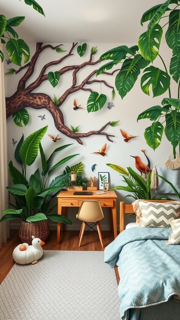 A boy's bedroom decorated in a tropical rainforest theme, featuring a mural of a tree, colorful birds, and lush greenery.