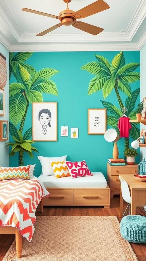 A bright bedroom with tropical turquoise walls featuring palm leaves, wooden furniture, and colorful accents.