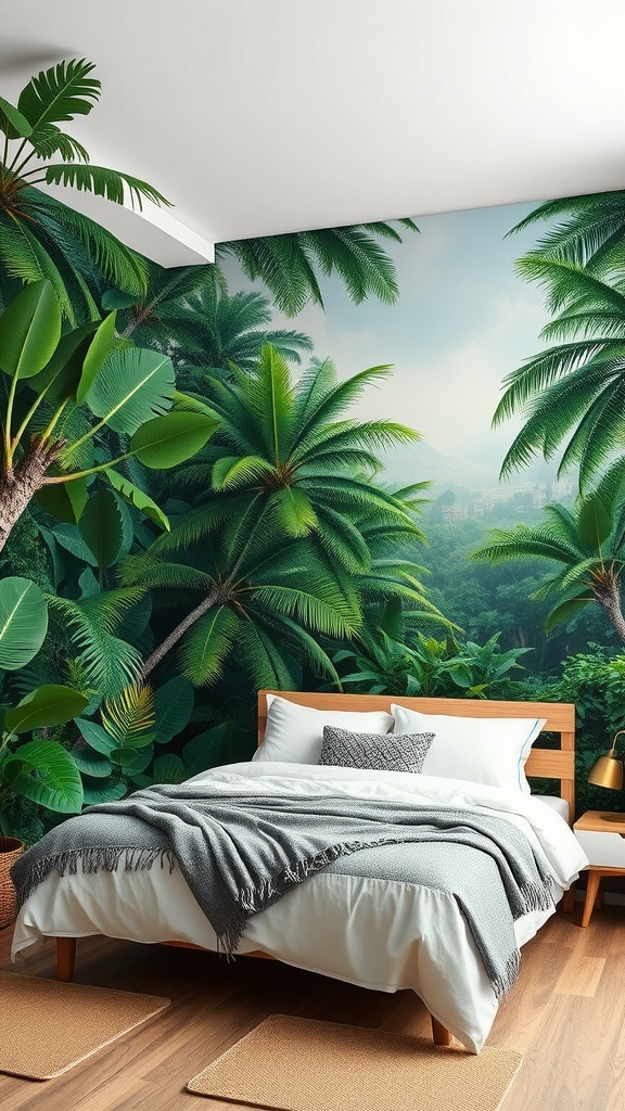 A bright bedroom featuring a tropical wall mural of palm trees and lush greenery.
