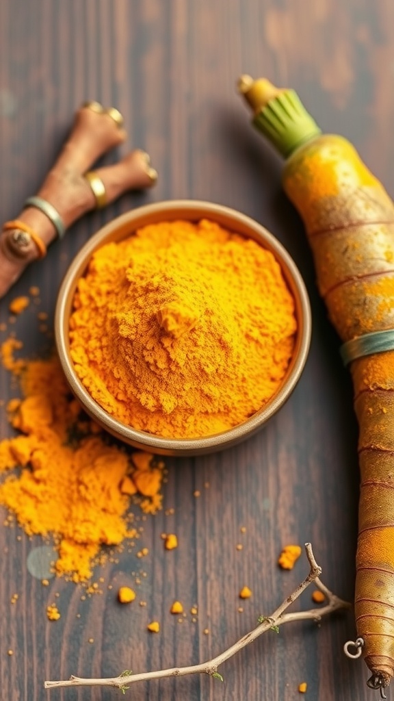 A bowl of turmeric powder with fresh turmeric roots and a twig on a wooden surface.