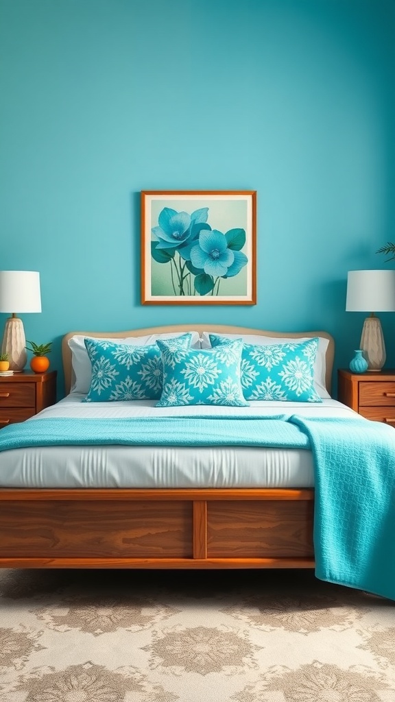 A cozy bedroom with turquoise walls, turquoise bedding and pillows, wooden furniture, and blue floral artwork.