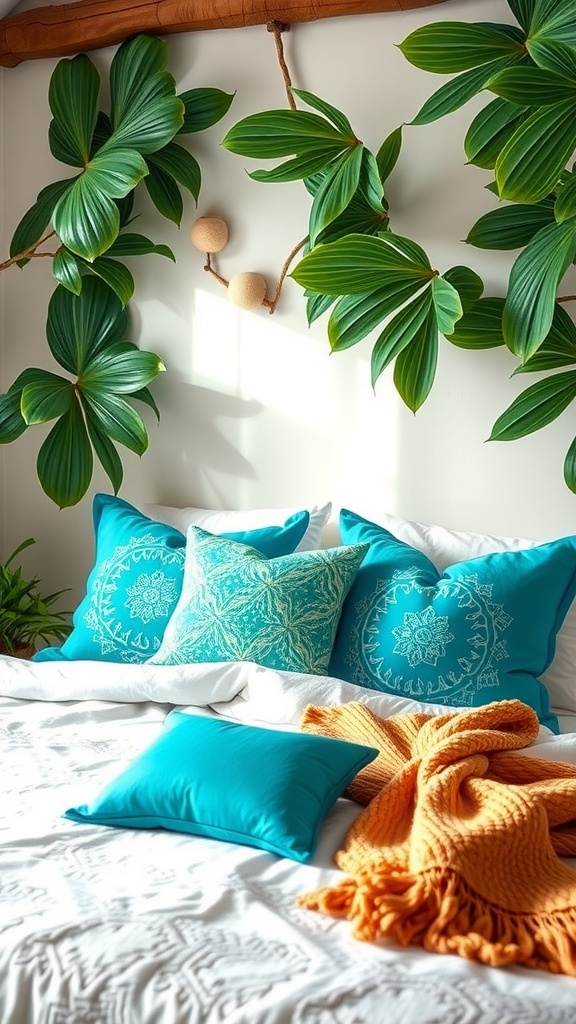 A cozy bedroom with turquoise pillows, a warm orange throw, and lush green plants.