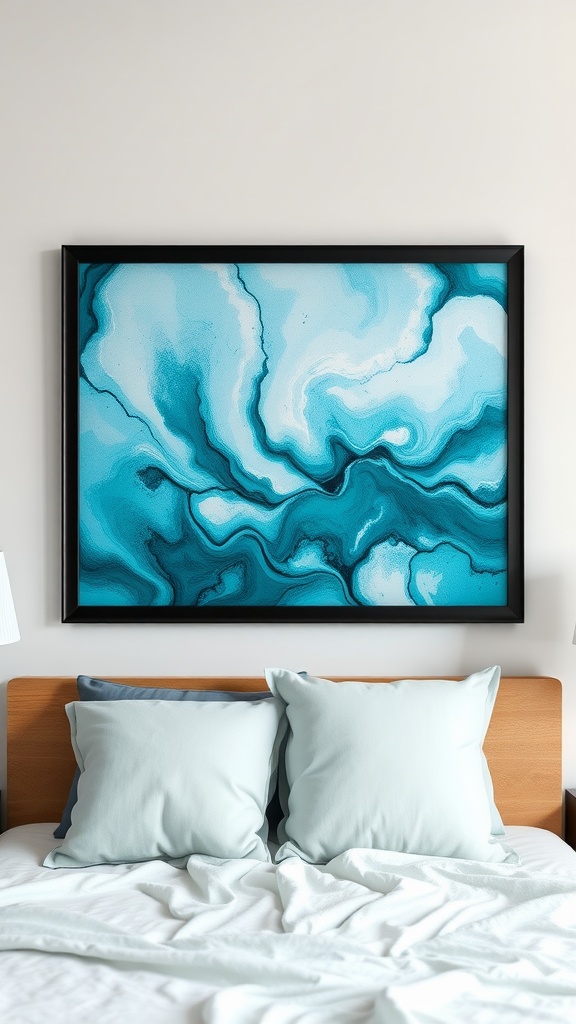 Turquoise abstract artwork displayed above a wooden bed with light-colored pillows and bedding