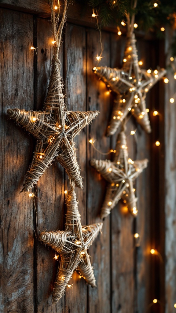 Twine-wrapped stars decorated with lights hanging on a wooden wall.