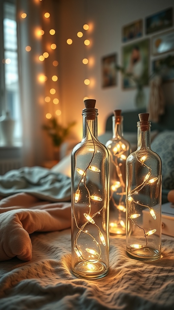 Twinkling fairy lights inside glass bottles on a bedspread