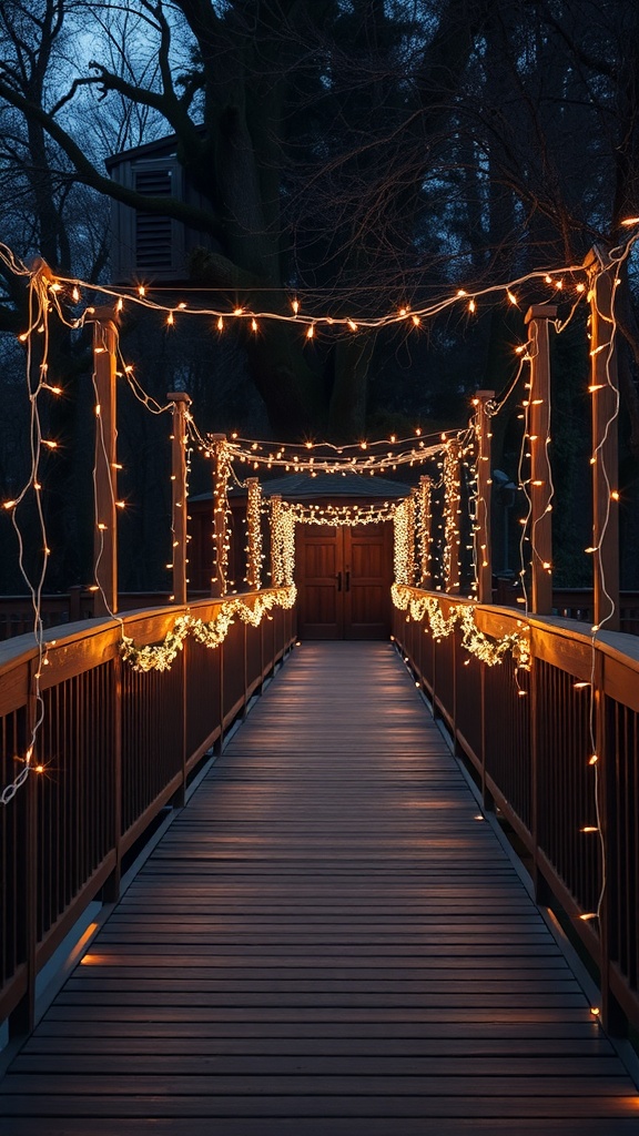 Wooden walkway adorned with fairy lights at dusk