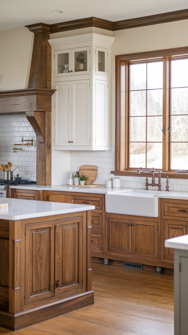 A kitchen featuring two-tone cabinets with white upper cabinets and warm wood lower cabinets.