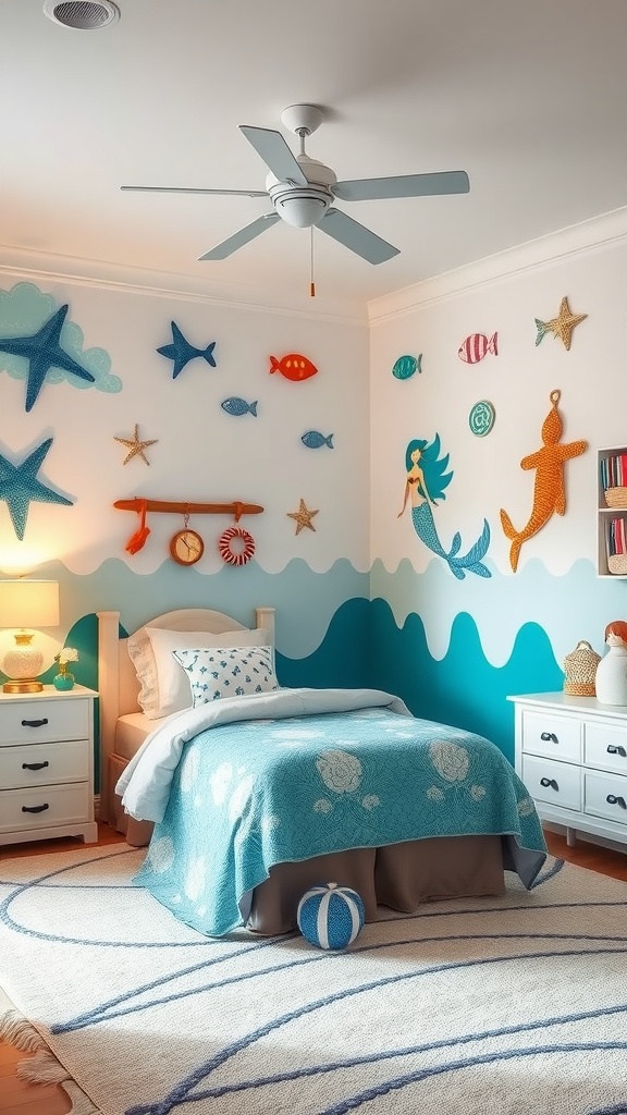 A cozy girls' bedroom decorated in an under-the-sea theme, featuring blue tones, sea life decorations, and a warm atmosphere.
