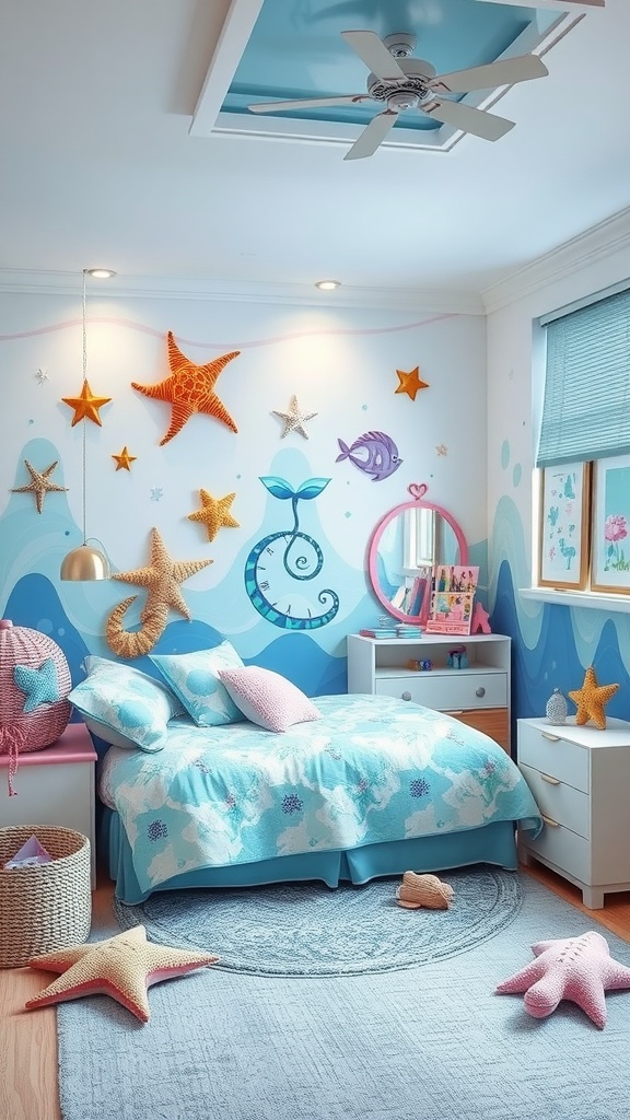 A girl's bedroom designed with an under-the-sea theme, featuring blue bedding, starfish decorations, and a playful atmosphere.