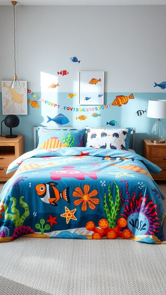 A colorful under the sea bedspread with fish and coral designs on a bed in a playful boys bedroom.