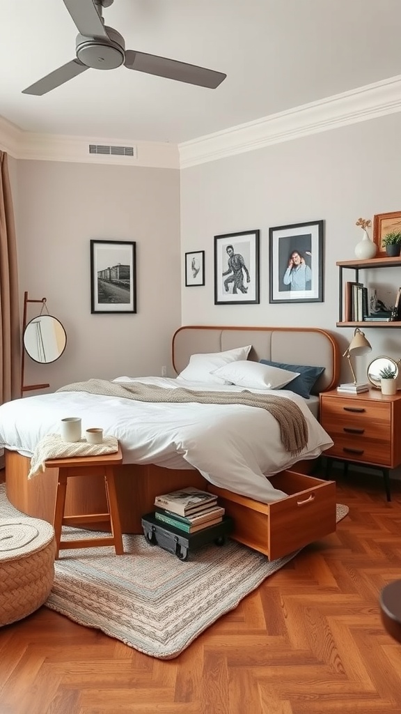 A stylish teenager's bedroom featuring underbed storage solutions with sliding drawers.