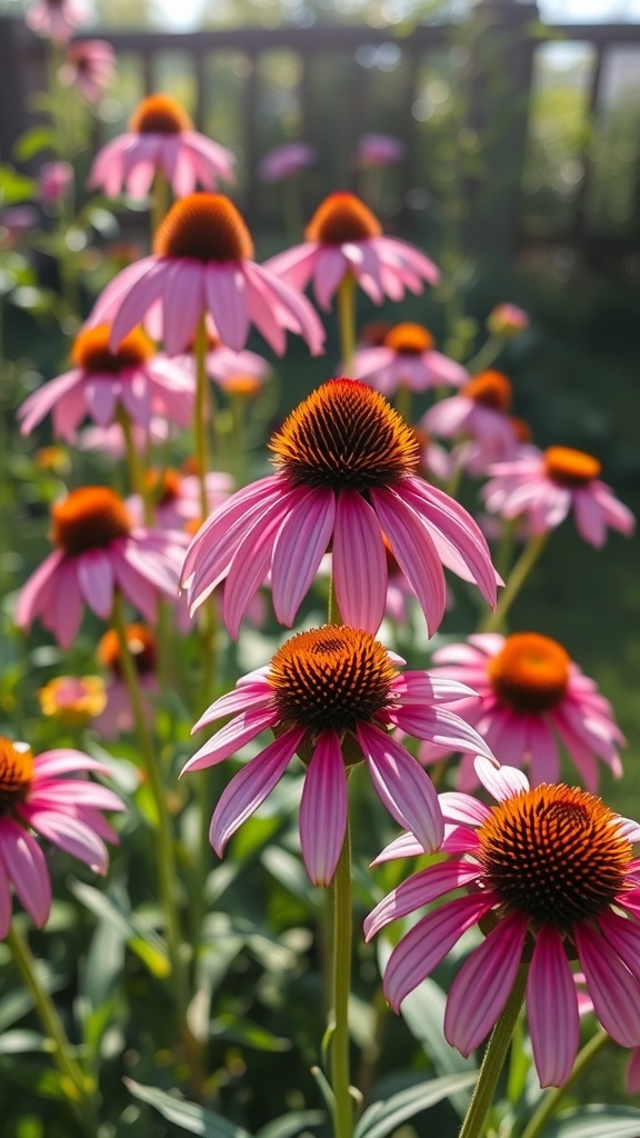 A cluster of Echinacea flowers showcasing bright pink petals and orange centers.