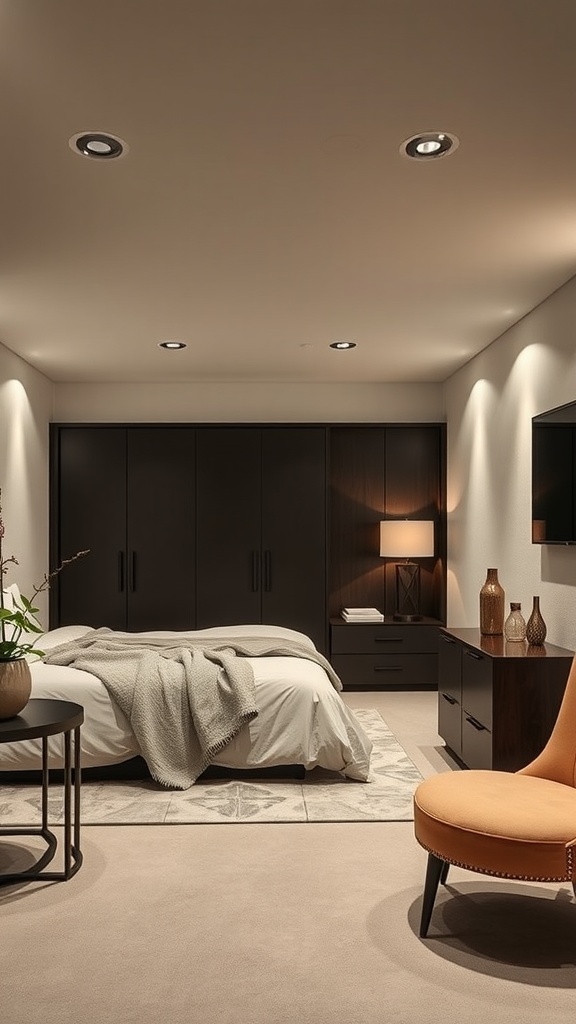 A cozy farmhouse basement bedroom with a soft color palette and elegant decor.
