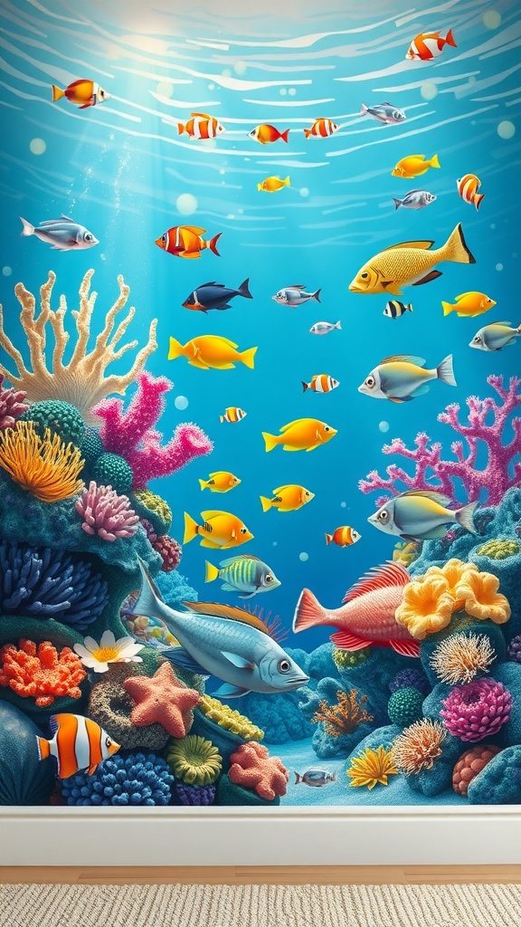 A colorful underwater mural featuring various fish and coral reefs.