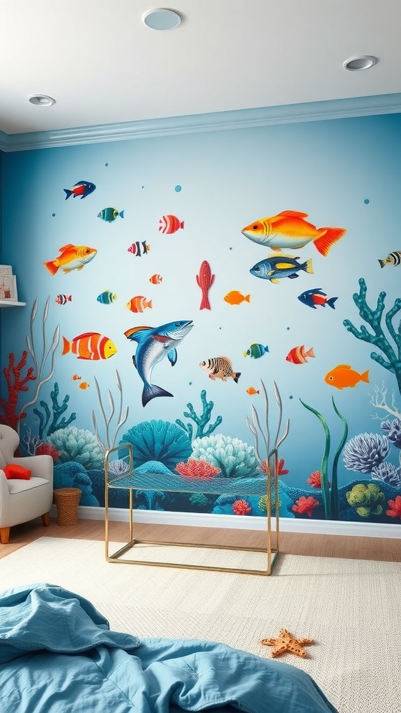 A boys bedroom designed with an underwater ocean theme featuring colorful fish and corals on the wall.