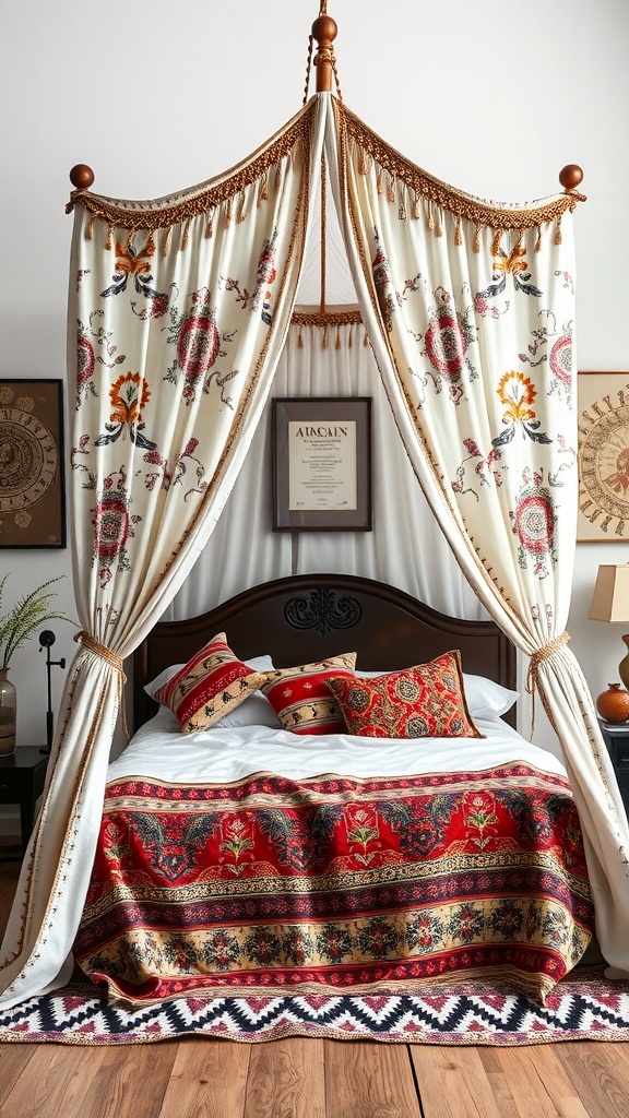 A cozy bedroom with a beautifully designed bed canopy featuring floral patterns and rich colors.