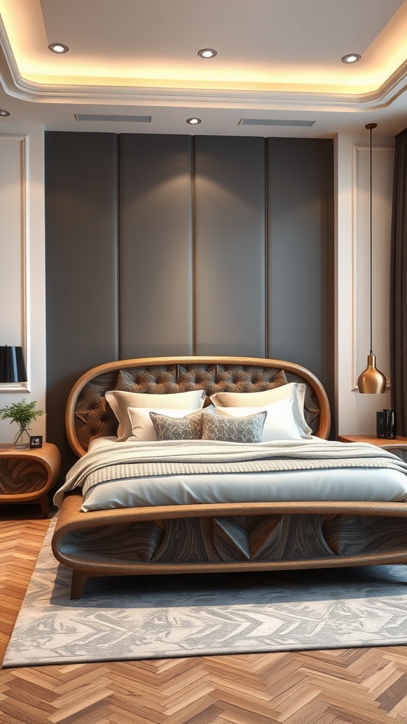 A unique bed frame in a Boho Mid-Century Modern style with a tufted headboard and natural wood finish.