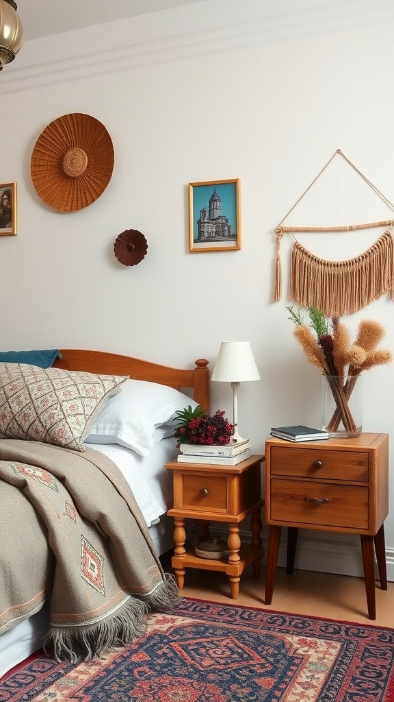 A cozy boho style bedroom featuring unique wooden bedside tables with decorative items and a warm blanket.