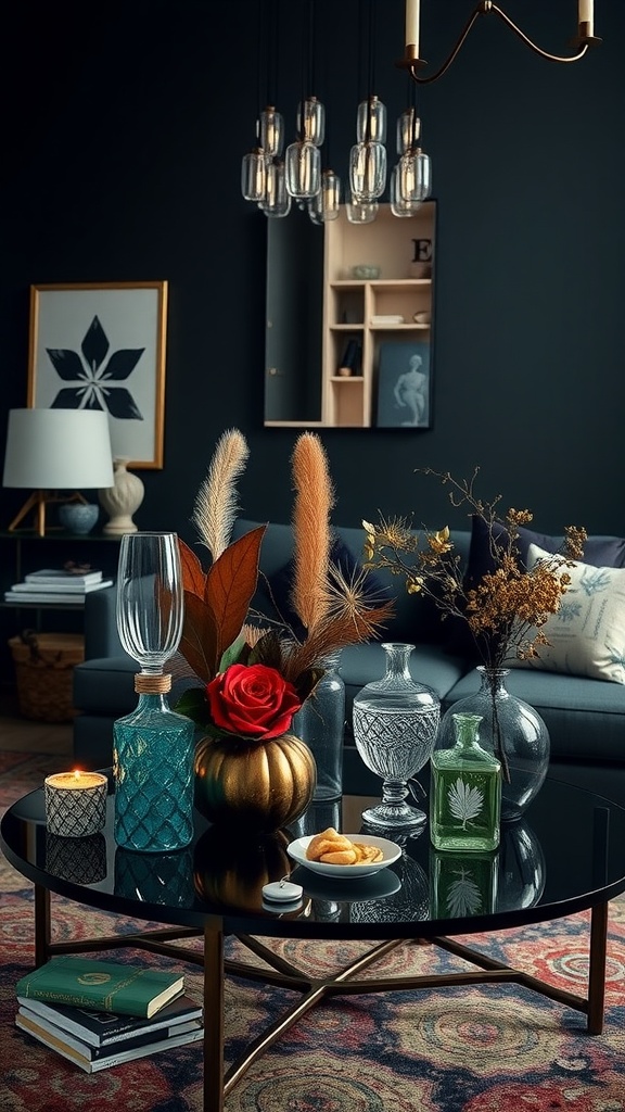 A stylish dark boho living room coffee table with unique centerpieces including a gold pumpkin vase, red roses, and decorative glass vases.