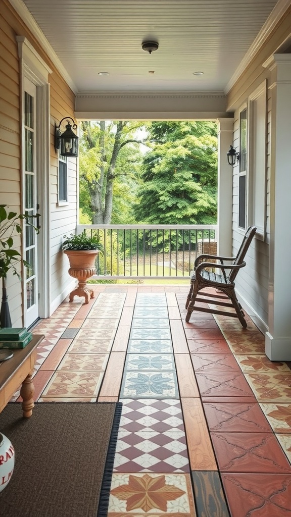 A farmhouse back porch with colorful patterned flooring and a cozy chair